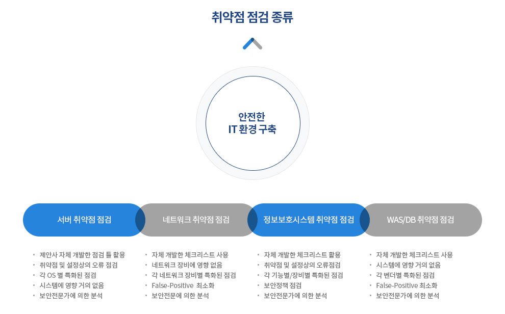 서버 취약점, 네트워크 취약점, 정보보호시스템 취약점, WAS/DB 취약점 정검후 안전한 IT 환경을 구축합니다.